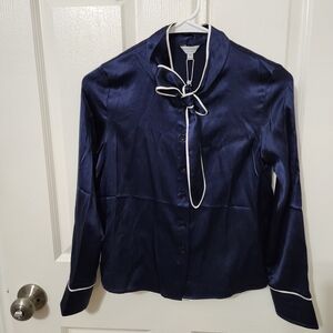 Petite Studio Midnight Blue Blouse with Ivory Accent